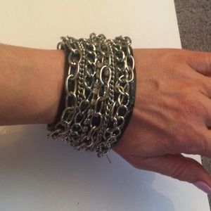 Black leather Silver Chain punk rebel bracelet